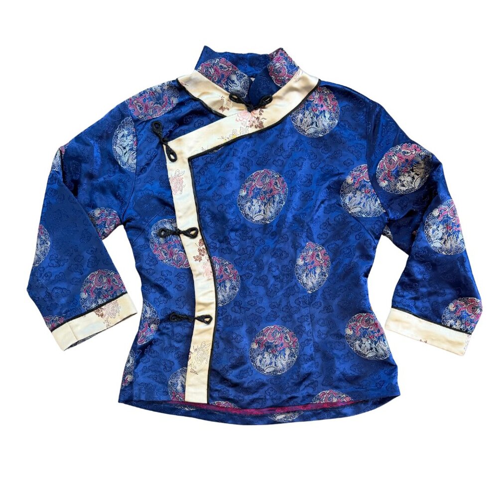 Vintage Peony Brand Chinese Satin Embroidered Wrap Top Blue Pink Size Small